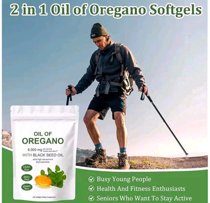 Person hiking with a package of 'Oil of Oregano' softgels on a scenic background