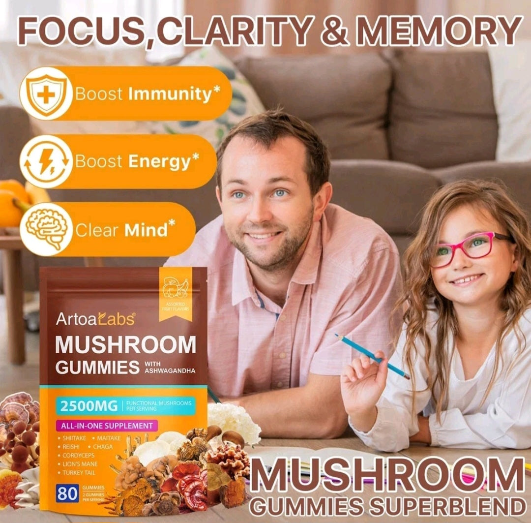 Man and child with ArtaZLabs Mushroom Gummies supplement in a living room setting
