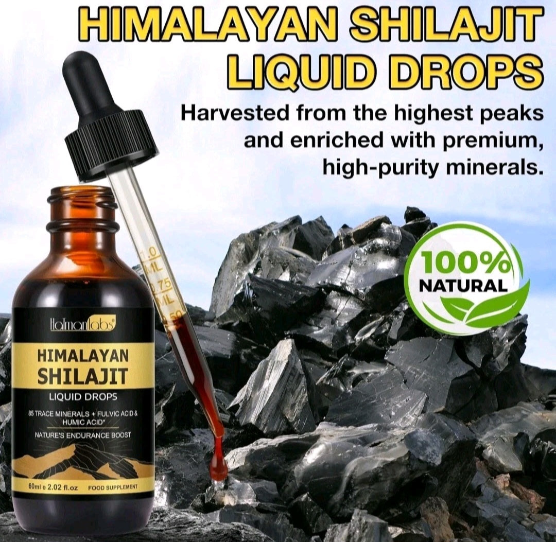 Himalayan Shilajit liquid drops with a dropper against a rocky background