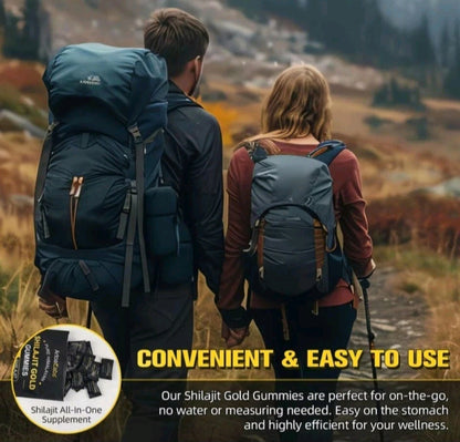 Two people with hiking backpacks in a mountainous landscape, promoting Shilajit Gold Gummies.