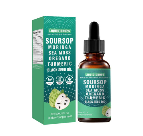 Liquid Drops Soursop dietary supplement set featuring a green and white product box next to an amber glass dropper bottle with a black cap, on a plain white background.