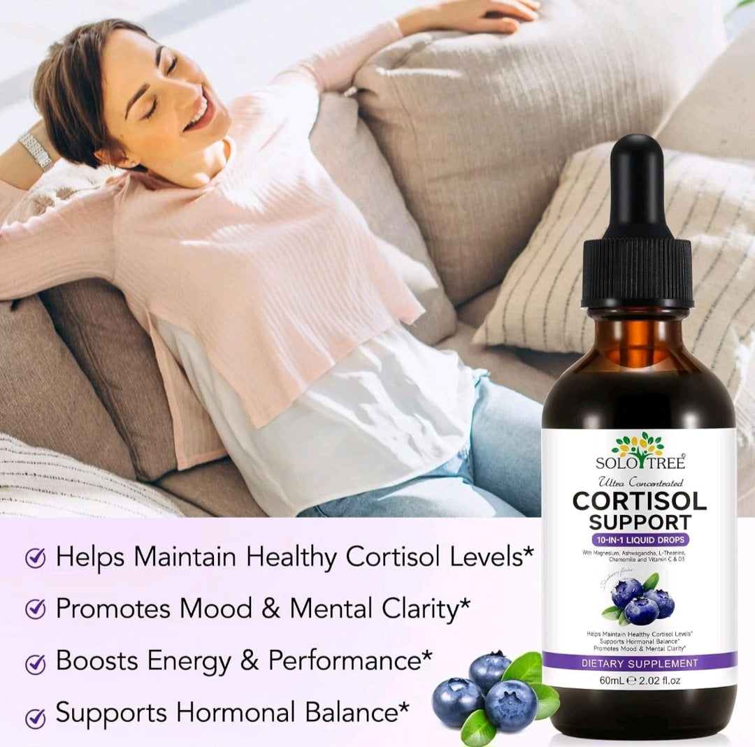 Woman relaxing on a couch with a bottle of Cortisol Support supplement in the foreground.