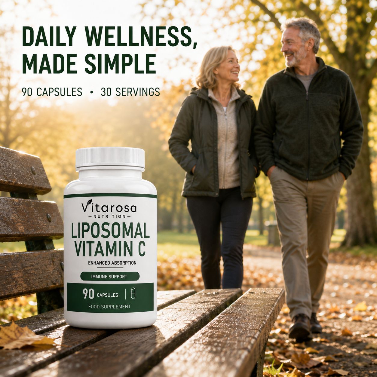 Couple walking outdoors with Vitarosa Liposomal Vitamin C bottle