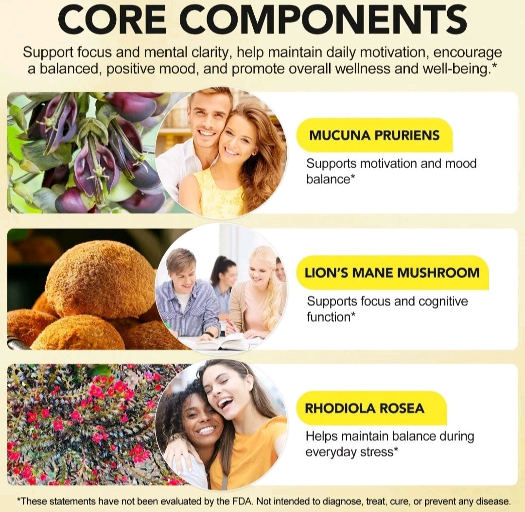 Product advertisement with images of a couple, a mushroom, and flowers, featuring text about core components for wellness.