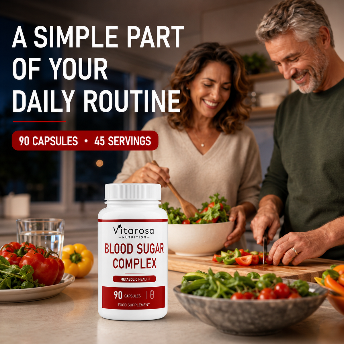 Couple preparing salad beside Vitarosa Blood Sugar Complex bottle