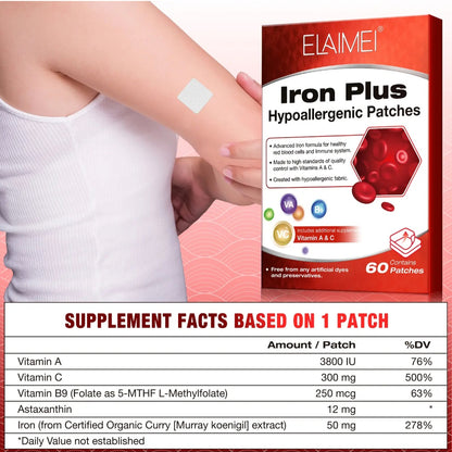 Iron Plus hypoallergenic patches packaging with supplement facts on a white background
