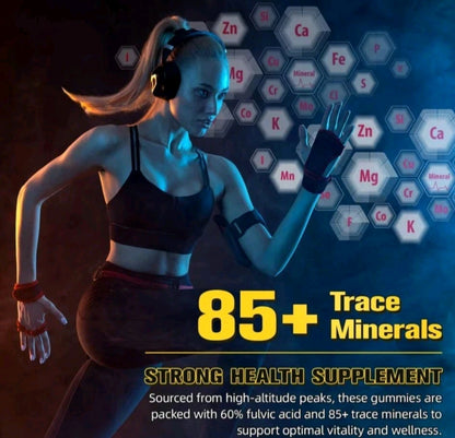 Person in athletic wear with health supplement graphics and text about trace minerals and gummies.
