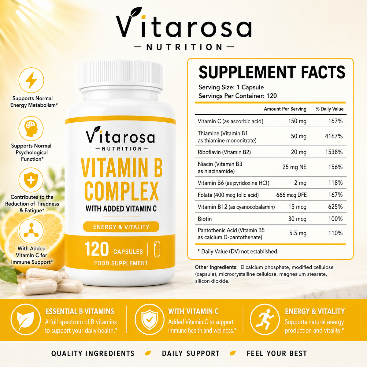 Vitarosa Vitamin B Complex bottle beside its supplement facts and key label details