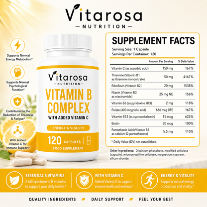 Vitarosa Vitamin B Complex bottle beside its supplement facts and key label details