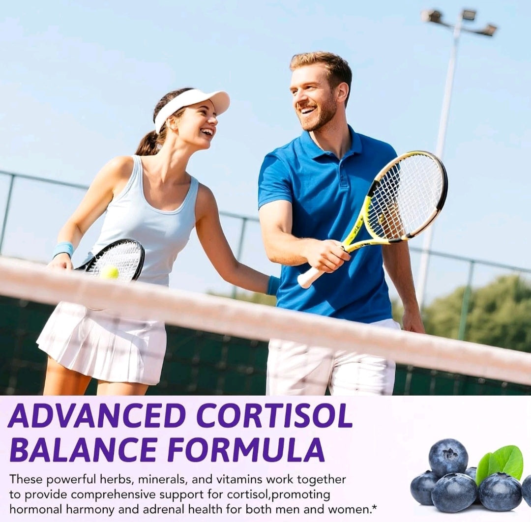 Two people on a tennis court with text about an advanced cortisol balance formula.