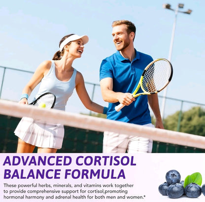Two people on a tennis court with text about an advanced cortisol balance formula.