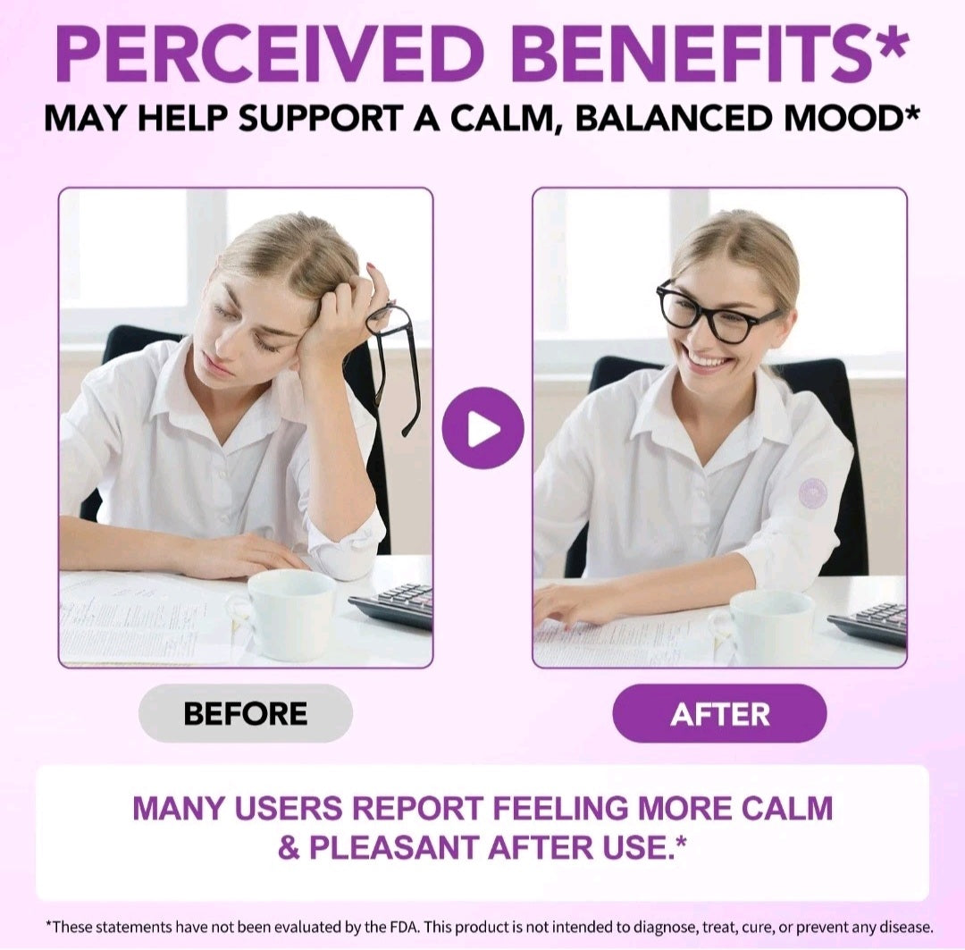 Before and after comparison of a person at a desk with text about perceived benefits.