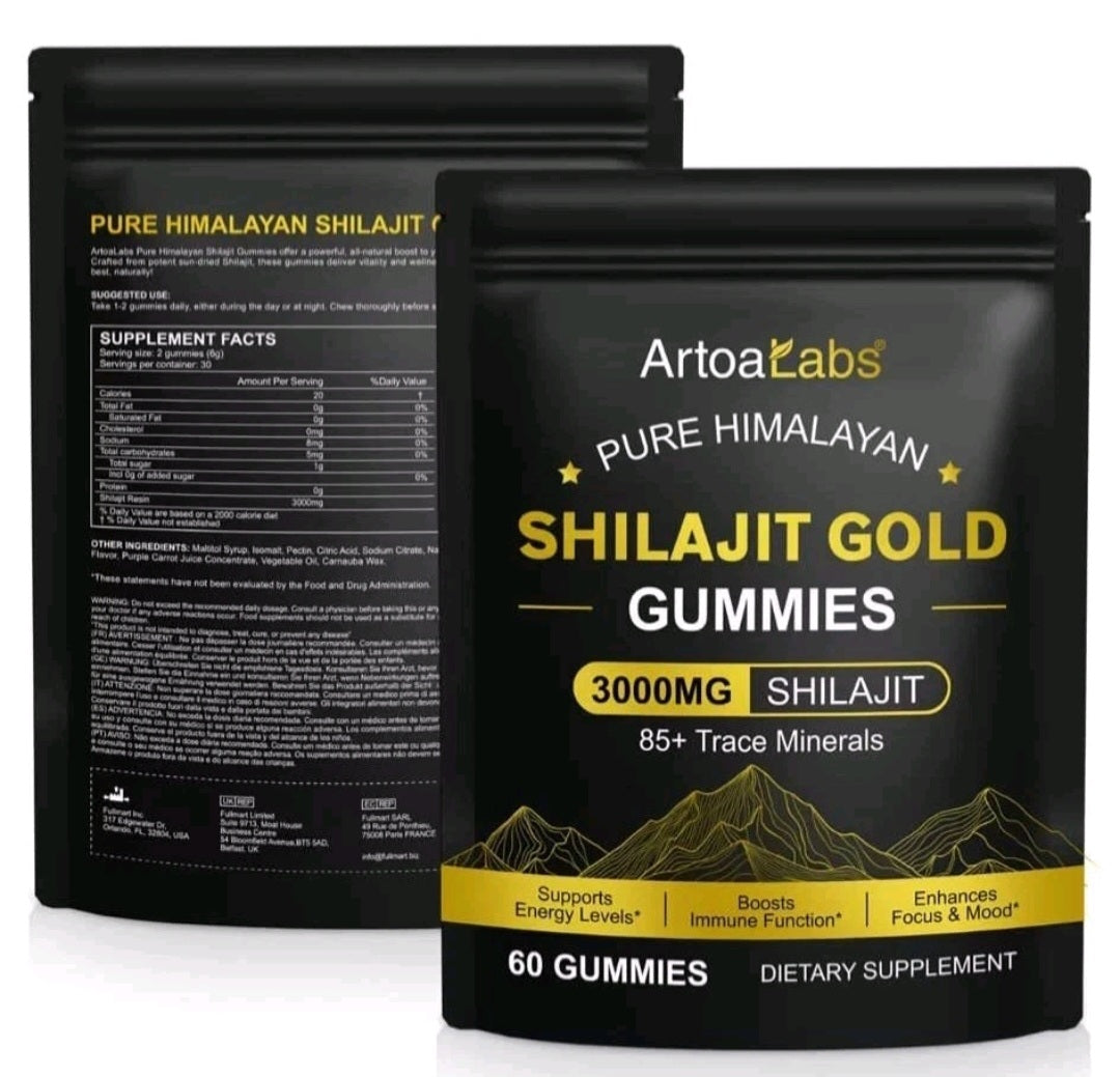 Two packages of Artoa Labs Pure Himalayan Shilajit Gold Gummies on a white background