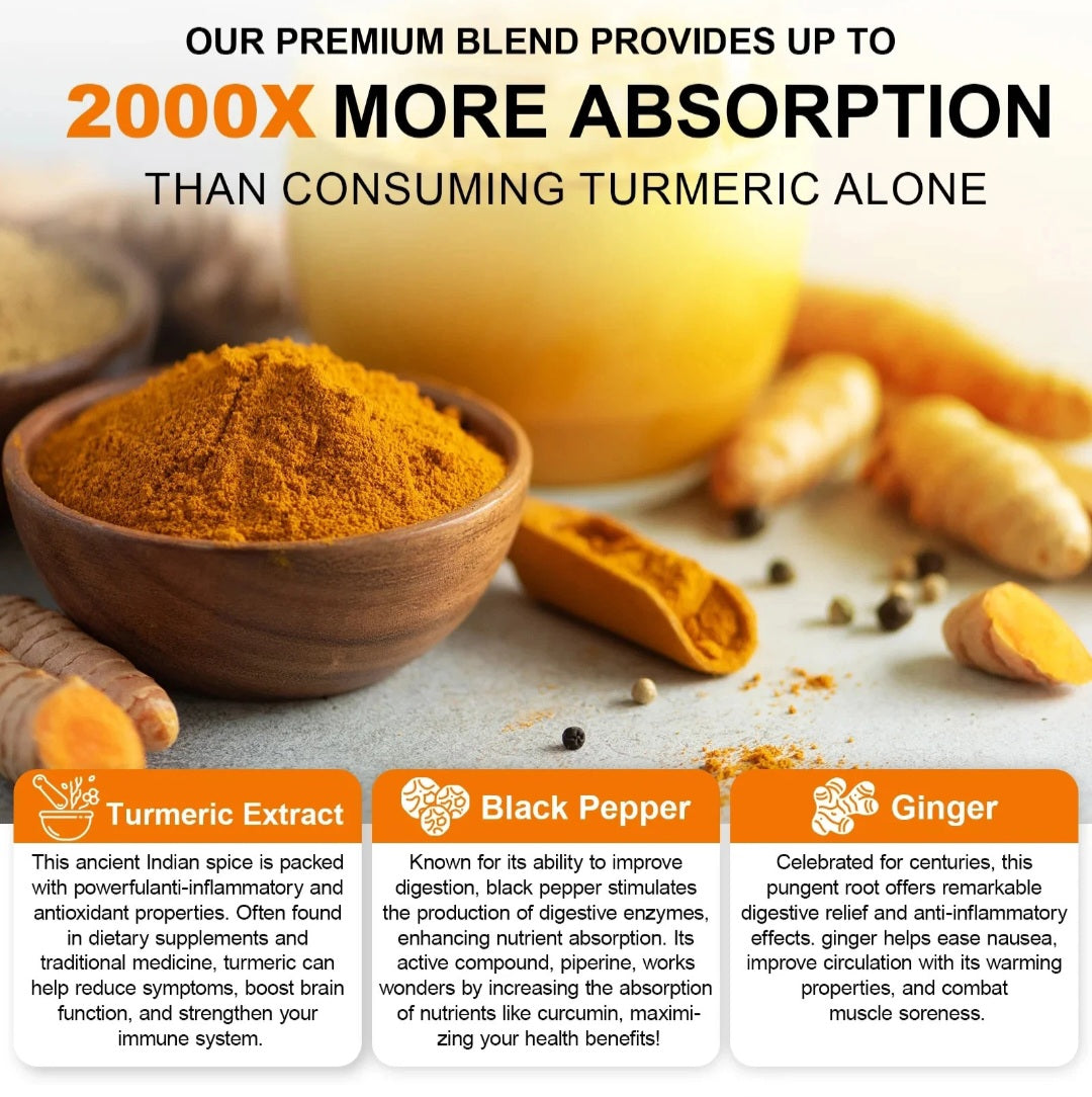 Turmeric powder in a wooden bowl with turmeric roots and a bowl of liquid on a light background, highlighting health benefits.