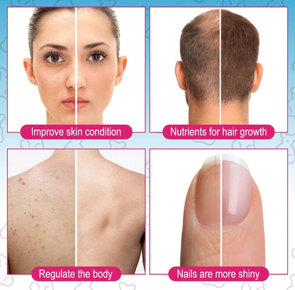 Collage of a woman's face, hair, skin, and nails with text on benefits.
