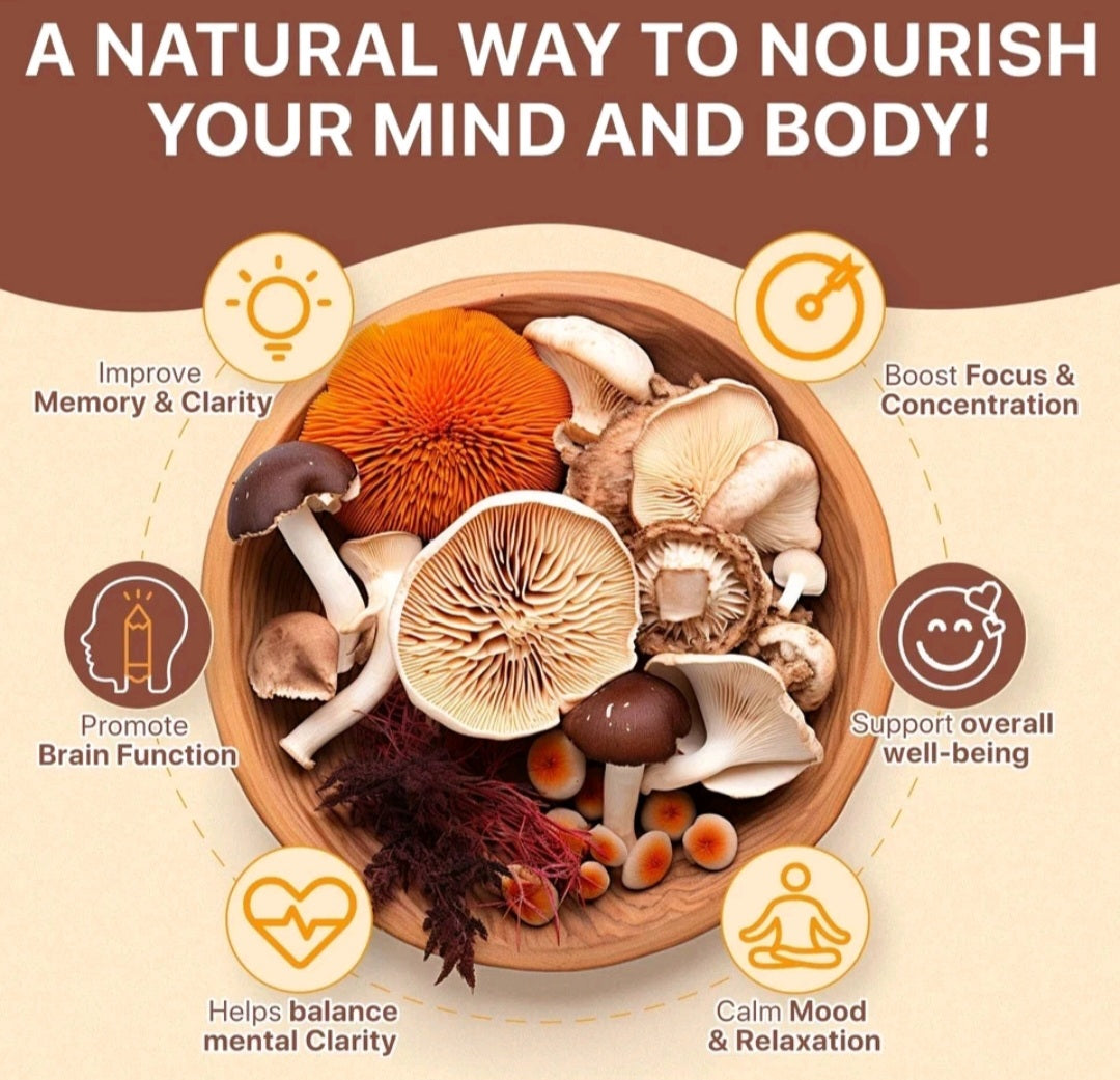 Wooden bowl with mushrooms and text about natural ways to nourish mind and body on a brown background