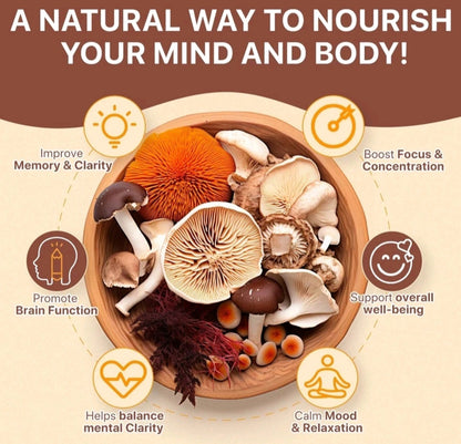 Wooden bowl with mushrooms and text about natural ways to nourish mind and body on a brown background