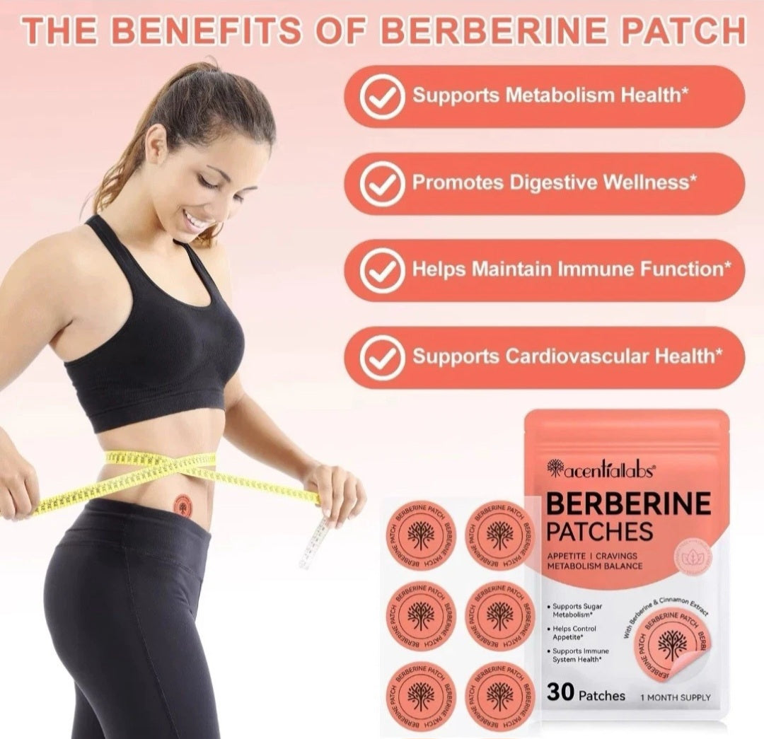 Berberine patches with a woman measuring her waist on a pink background