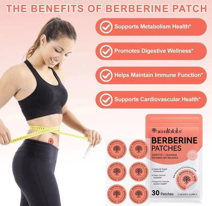Berberine patches with a woman measuring her waist on a pink background