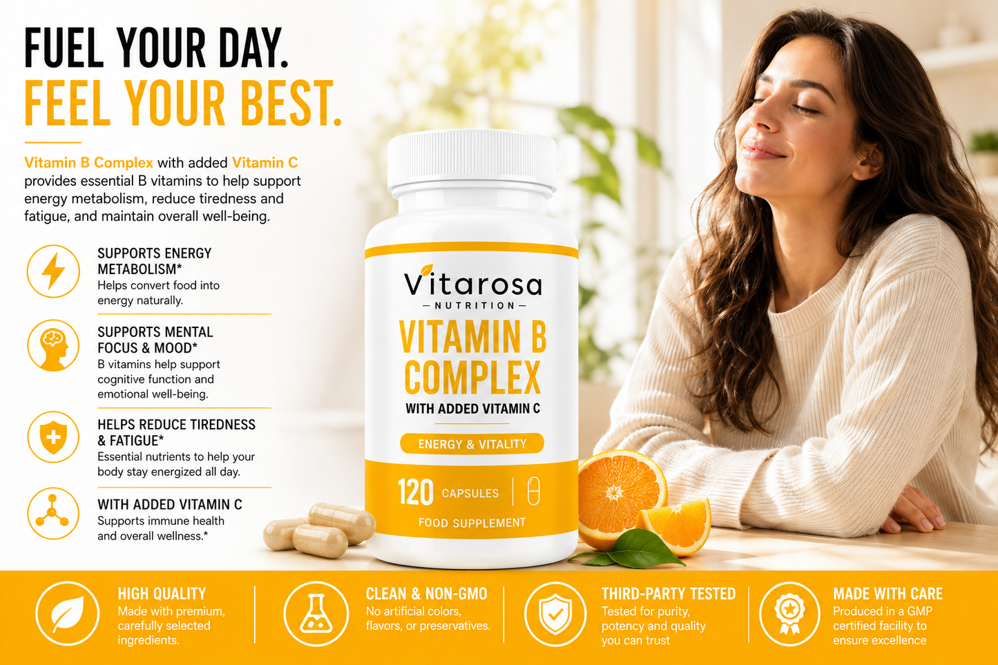 Vitarosa Vitamin B Complex supplement bottle shown on a promotional infographic with a woman reading a book in the background, along with orange slices and feature callouts.