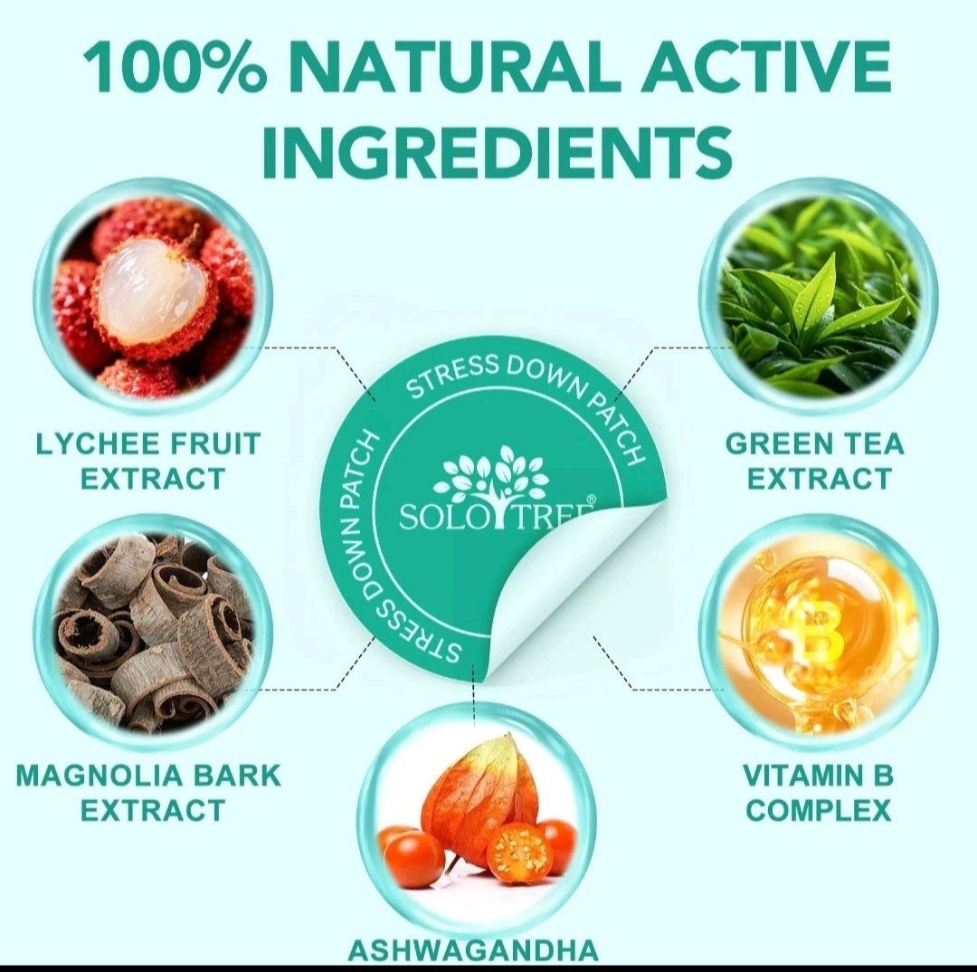 Product packaging with natural active ingredients including lychee fruit extract, green tea extract, magnolia bark extract, ashwagandha, and vitamin B complex, branded as 'Soleo Tree'.