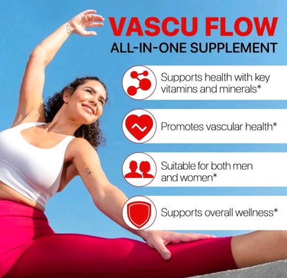 Woman stretching with Vascu Flow supplement information on a blue background