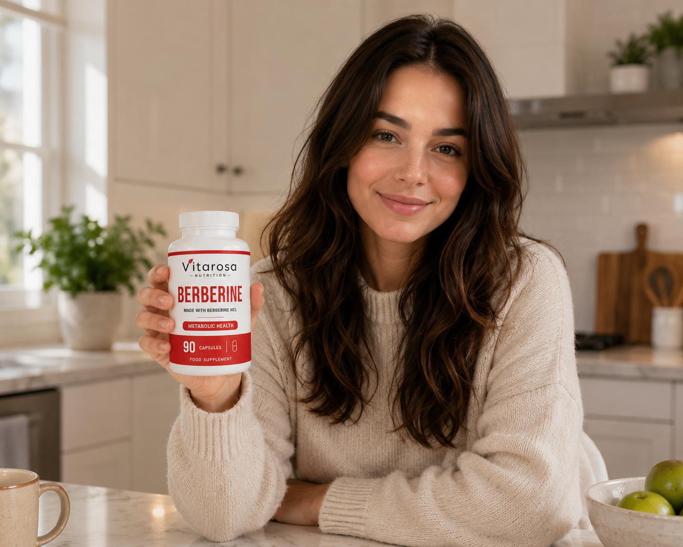 Woman holding Vitarosa Berberine HCL 90 Capsules bottle in a kitchen