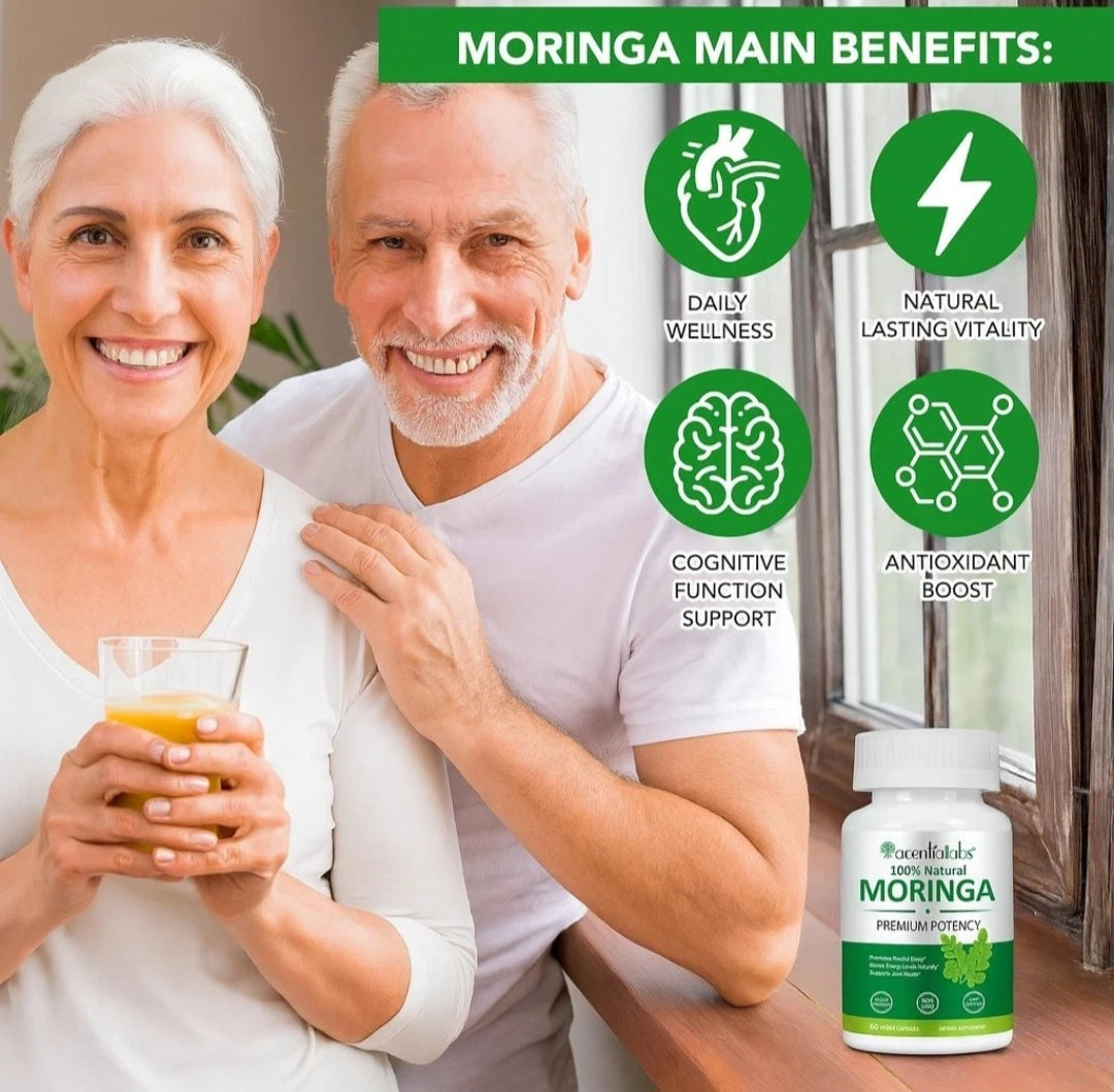 Couple with a glass of juice and Moringa supplement bottle, surrounded by health benefits icons.