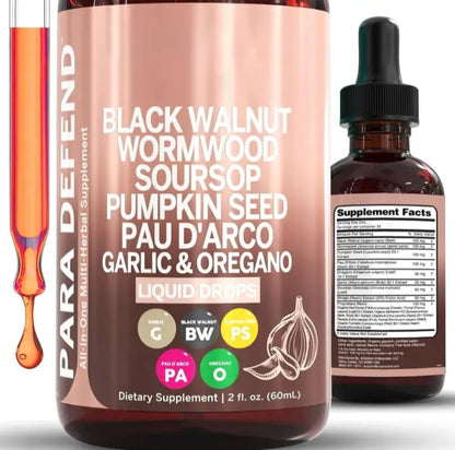A bottle of PARA DEFEND liquid drops herbal supplement shown with a dropper bottle and an orange liquid dropper graphic on a white background.