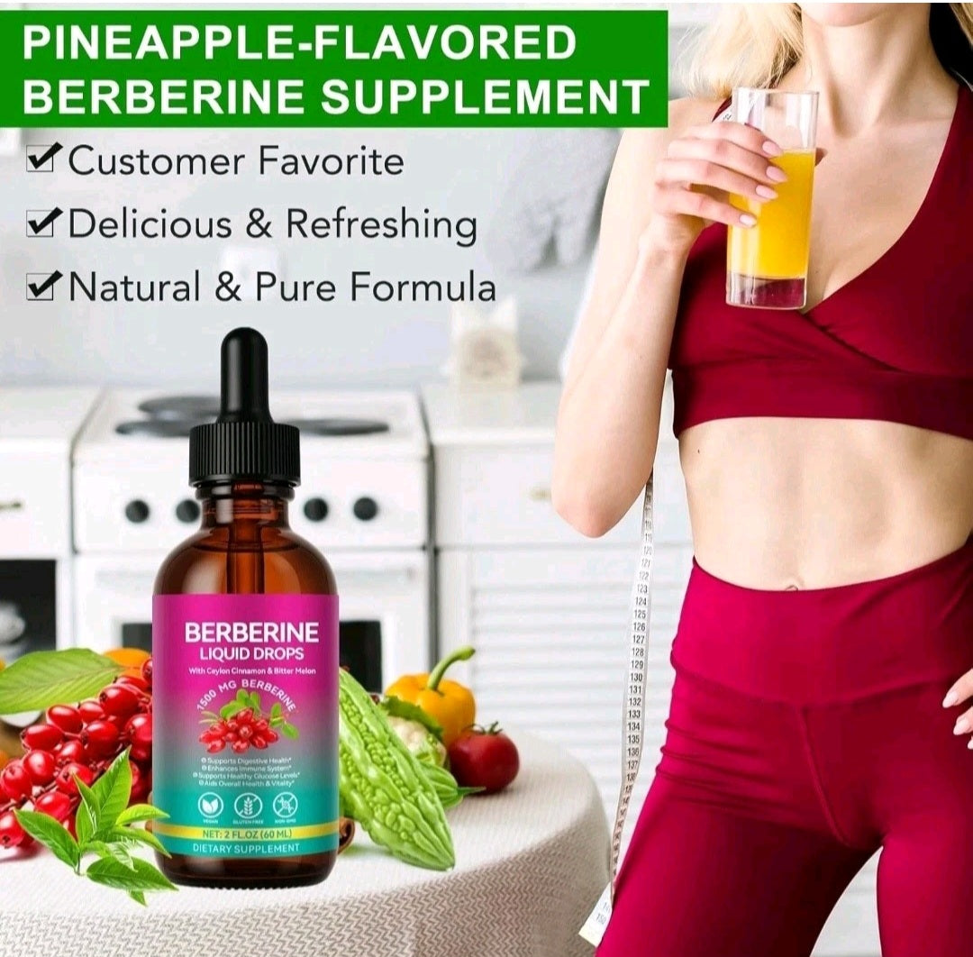 Berberine supplement bottle with a woman drinking juice, surrounded by fruits and vegetables.