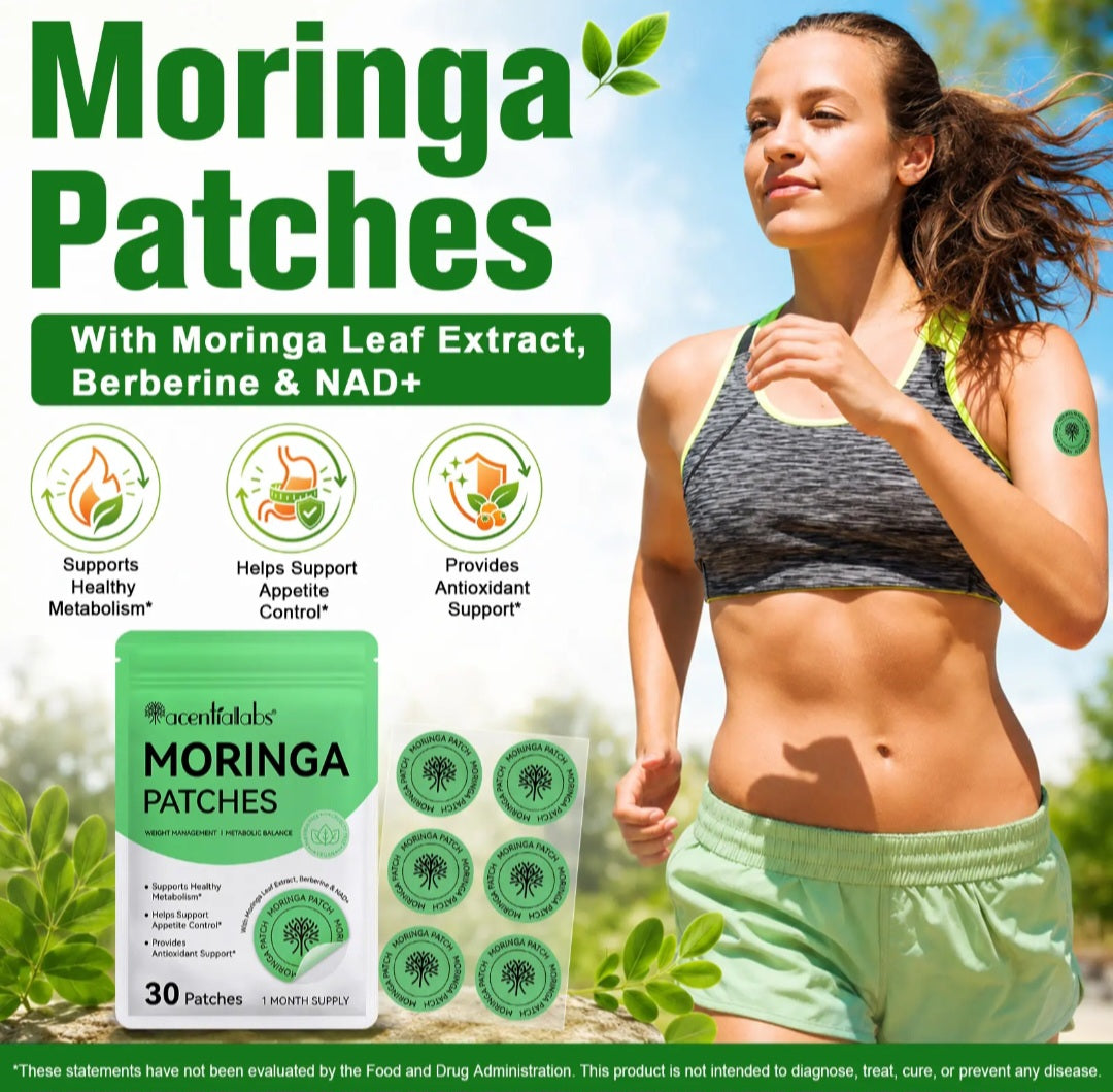 A promotional graphic for Moringa Patches showing a woman jogging outdoors on the right, large green text reading 'Moringa Patches' at the top, ingredient callouts, three benefit icons, and a package of 30 patches with several circular patch illustrations on the left.
