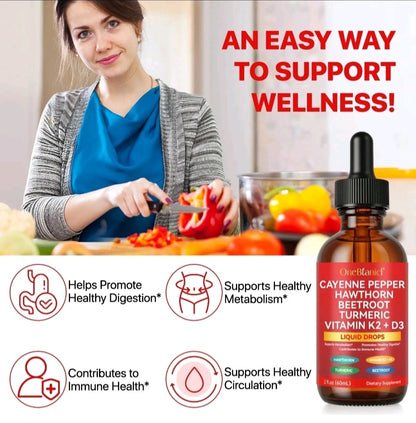 Woman preparing vegetables with a bottle of OneBlends supplement in the foreground, promoting wellness.