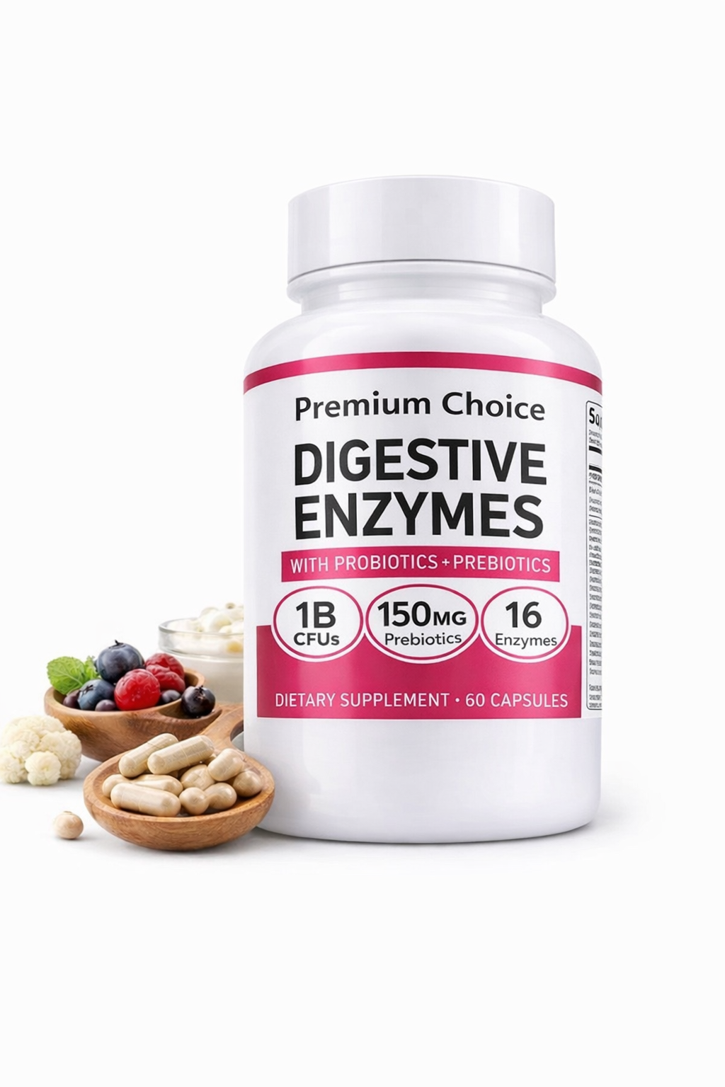 Supplement bottle labeled 'Premium Choice Digestive Enzymes' with ingredients on a white background