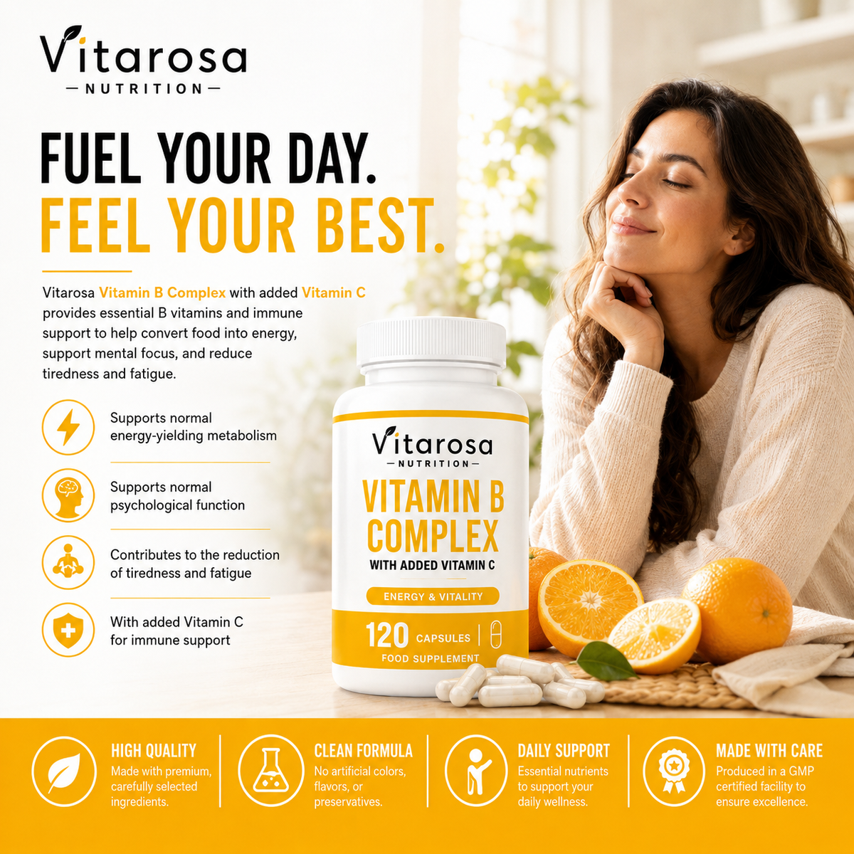 Woman taking Vitarosa Vitamin B Complex with the supplement bottle displayed beside her