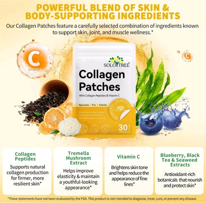 Advertisement for Solotree Collagen Patches with ingredients and benefits listed.