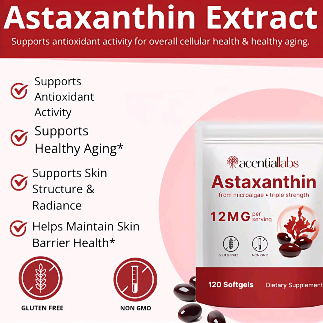 A promotional graphic for Acential Labs Astaxanthin Extract dietary supplement. The image features a white stand-up pouch of 120 softgels on the right, with a few dark brown softgels scattered in front.