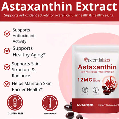A promotional graphic for Acential Labs Astaxanthin Extract dietary supplement. The image features a white stand-up pouch of 120 softgels on the right, with a few dark brown softgels scattered in front.