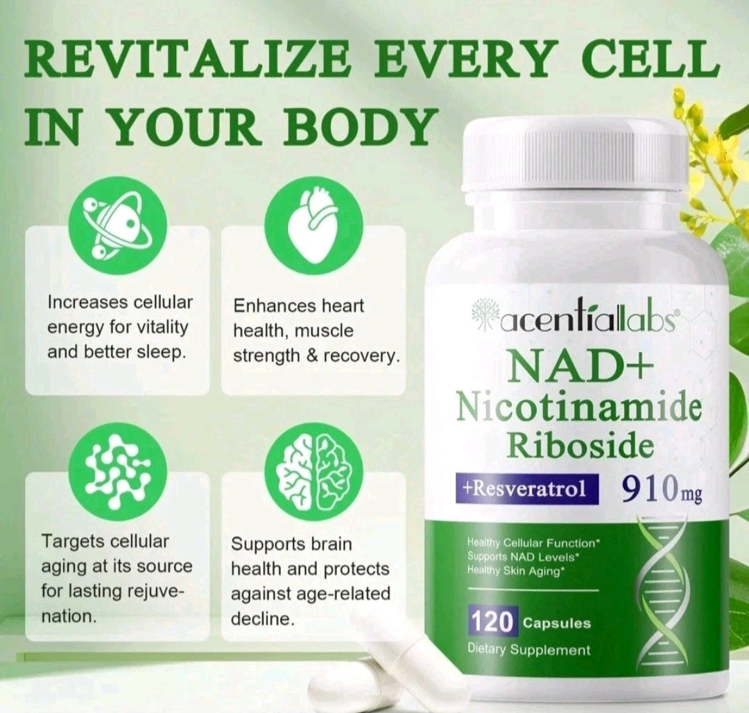 Supplement bottle labeled 'NAD+ Nicotinamide Riboside' with health benefits listed on a green background.