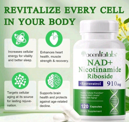 Supplement bottle labeled 'NAD+ Nicotinamide Riboside' with health benefits listed on a green background.