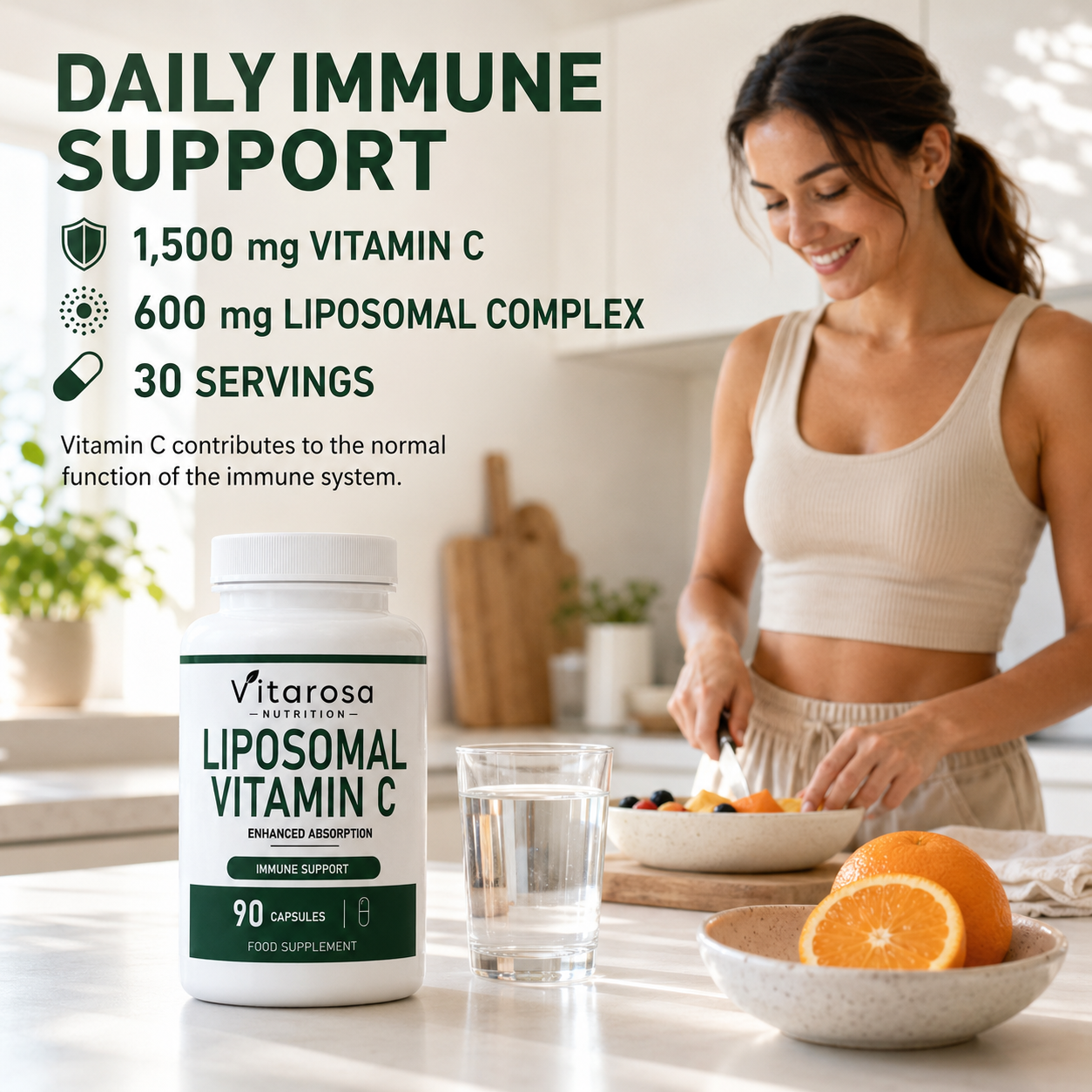 Woman preparing breakfast beside Vitarosa Liposomal Vitamin C 90 Capsules