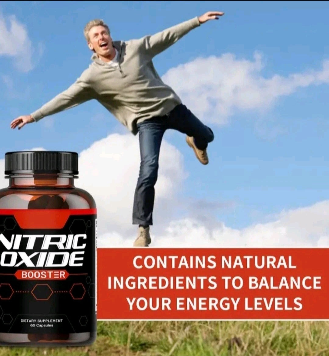 Man jumping in the air with a nitric oxide booster supplement bottle and text about energy levels.