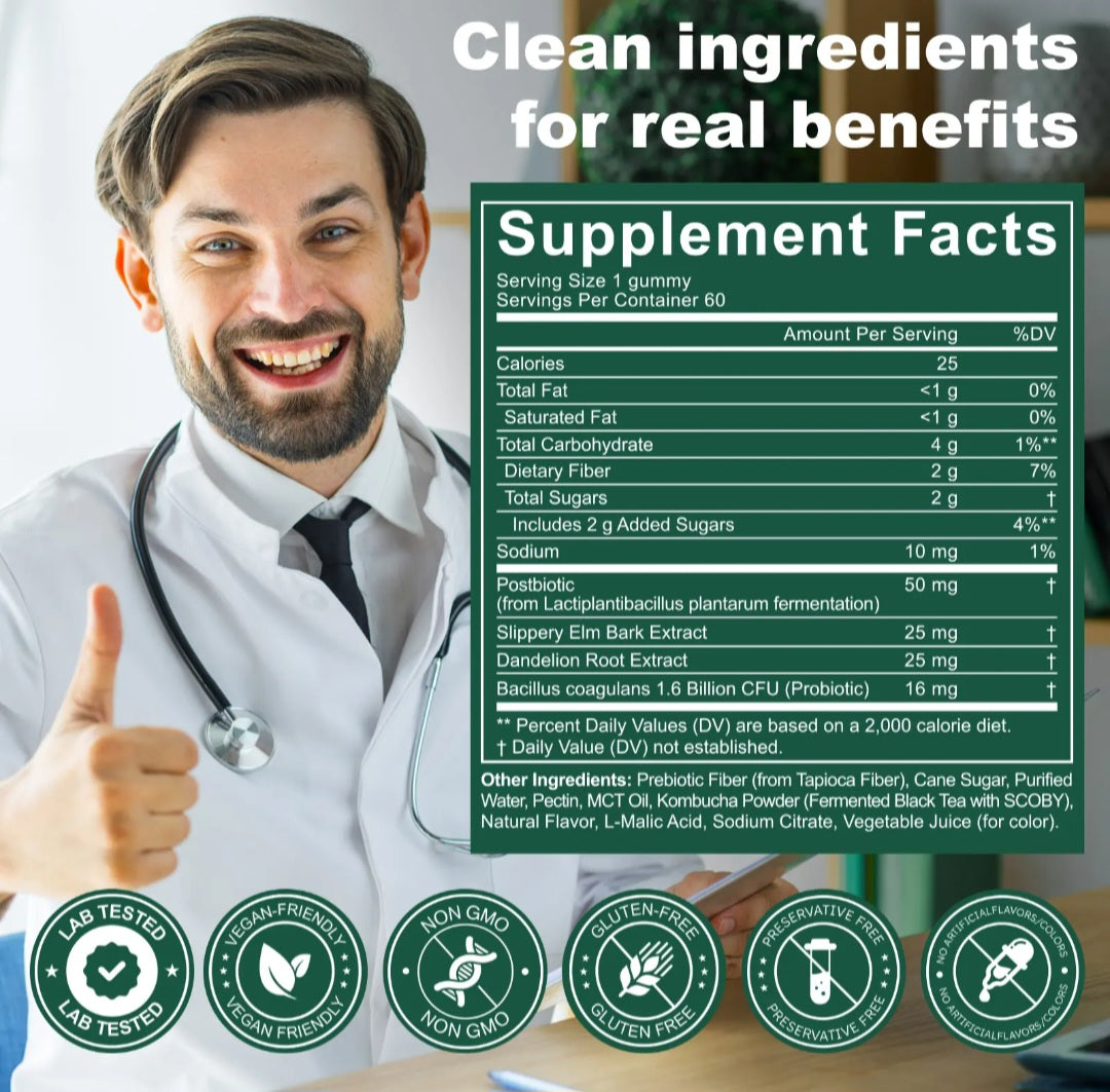 A promotional graphic for a probiotic supplement featuring a smiling male doctor in a white lab coat giving a thumbs-up next to a large supplement facts panel. The text at the top reads 'Clean ingredients for real benefits.