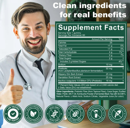 A promotional graphic for a probiotic supplement featuring a smiling male doctor in a white lab coat giving a thumbs-up next to a large supplement facts panel. The text at the top reads 'Clean ingredients for real benefits.
