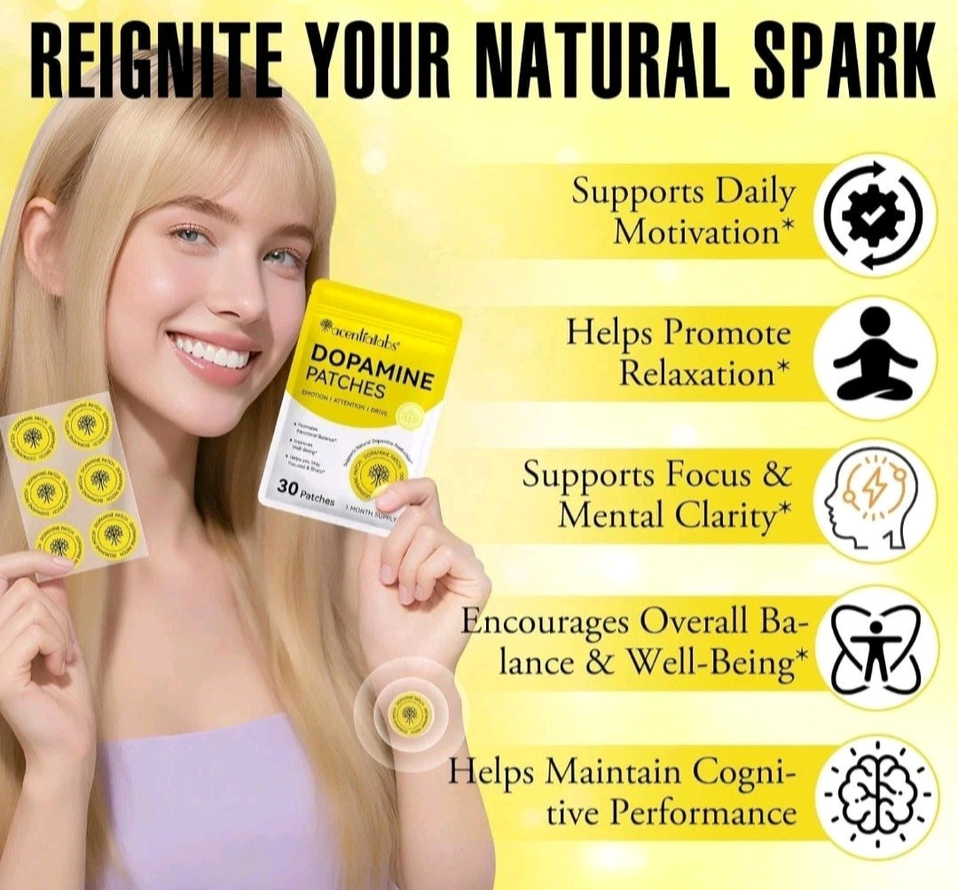 Woman holding dopamine patches with product packaging and benefits listed on a yellow background