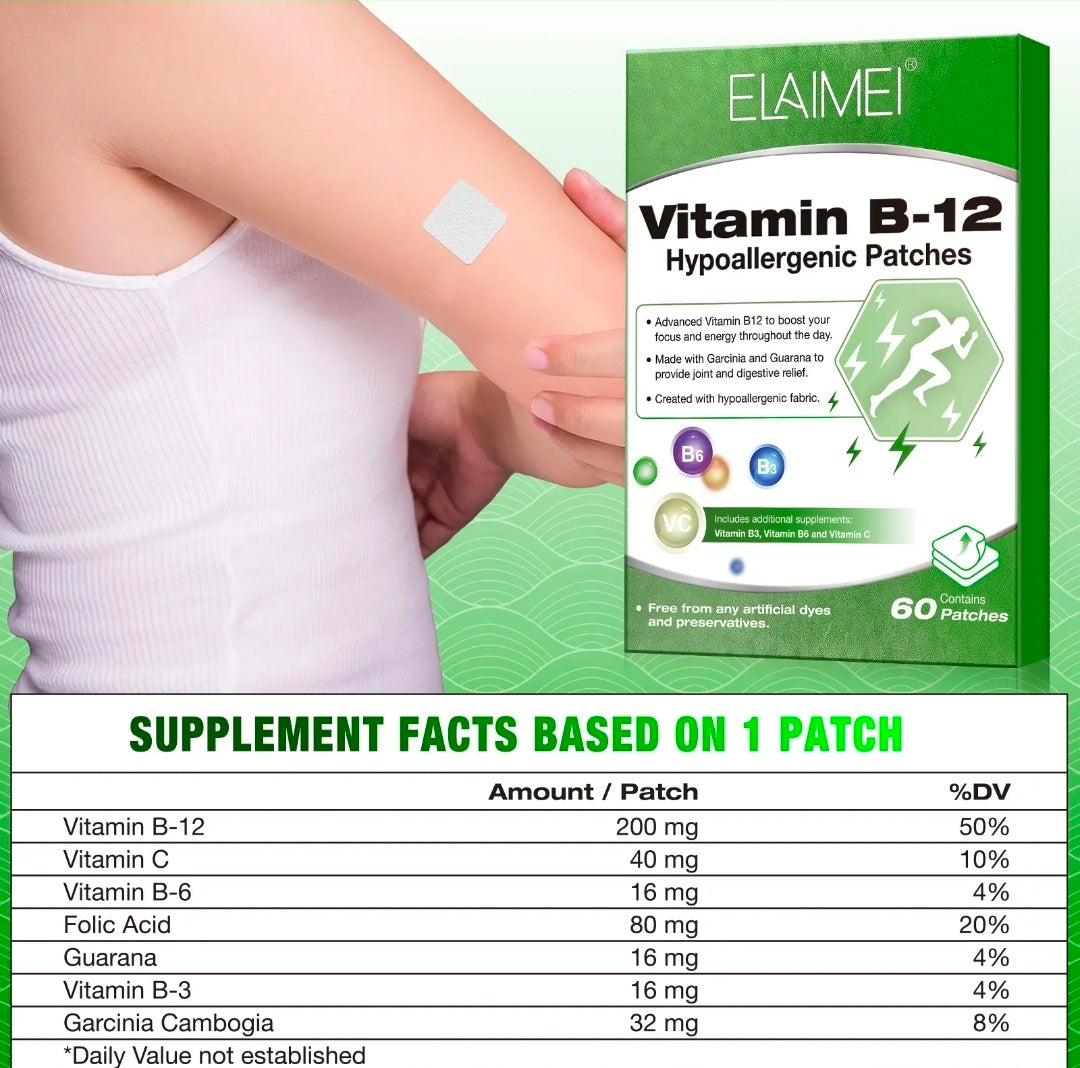 Vitamin B-12 patches with packaging and supplement facts displayed.