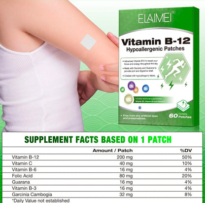 Vitamin B-12 patches with packaging and supplement facts displayed.