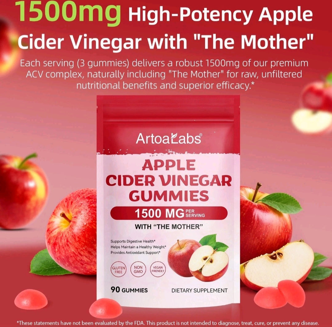 ArtoLabs Apple Cider Vinegar Gummies 1500mg packaging shown on a red gradient background with apples and text describing the high-potency formula.