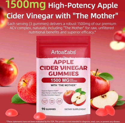 ArtoLabs Apple Cider Vinegar Gummies 1500mg packaging shown on a red gradient background with apples and text describing the high-potency formula.