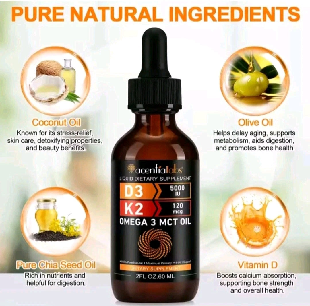 Bottle of liquid dietary supplement with ingredients listed around it on a light green background