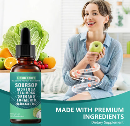 A bottle of Liquid Drops Soursop Moringa Sea Moss Oregano Turmeric Black Seed Oil dietary supplement is shown next to a smiling woman holding a green apple in a bright room, with text overlays highlighting premium ingredients.